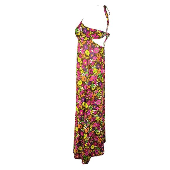 90s Free People Dress 2 Floral Halter Maxi Linen Cotton Festival Boho Summer - Picture 6 of 13